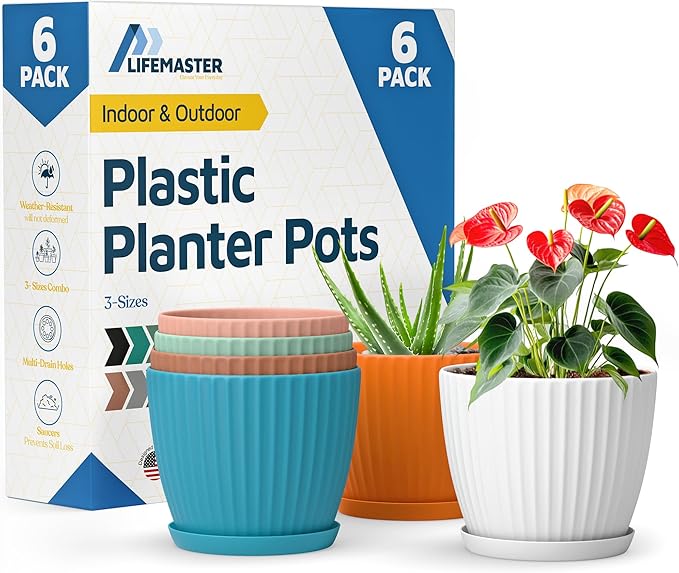 Multicolor 6-Inch Plant Pots with Drainage & Saucers 6 Pack, Indoor & Outdoor Planters for Houseplants, Herbs, and Flowers, Durable & Weatherproof Material, Stackable, Lightweight, Minimalist Design