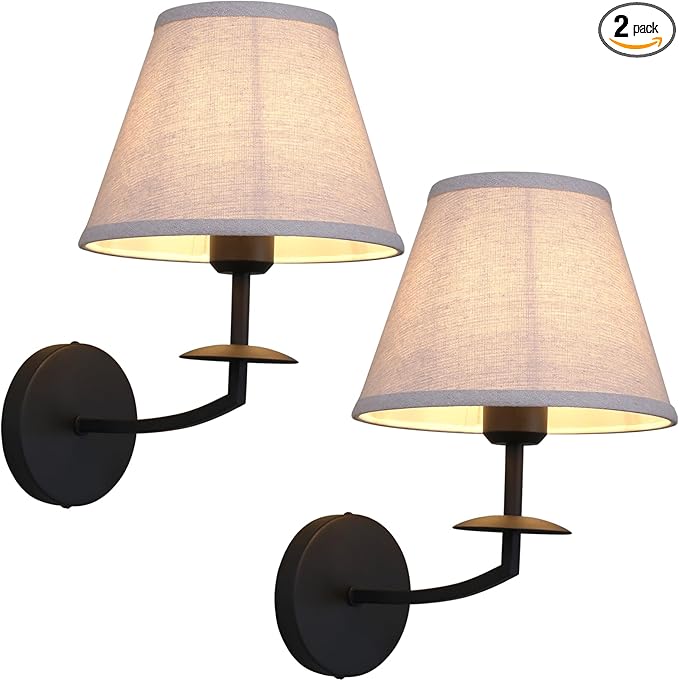 Phansthy Hardwired Wall Sconce Light Set of 2, Linen Fabric Shade Indoor Wall Lamps, Wall Decor Lightings Set of Two for Living Room, Bedroom, Hallway, Vanity Mirror (Black 2 Pack)