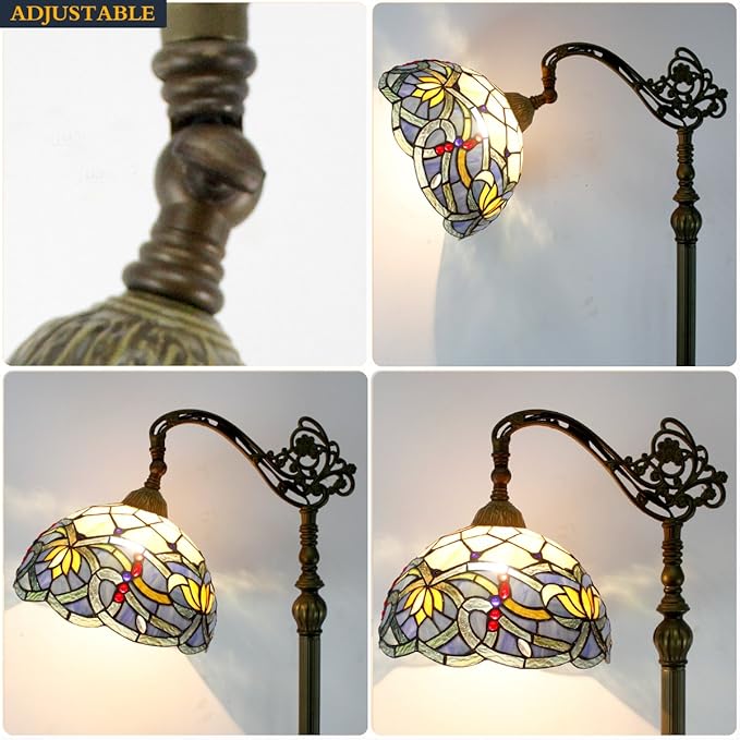 WERFACTORY Tiffany Floor Lamp Blue Lotus Flower Stained Glass Arched Lamp 12X18X64 Inch Gooseneck Adjustable Corner Standing Reading Light Decor Bedroom Living Room S220 Series