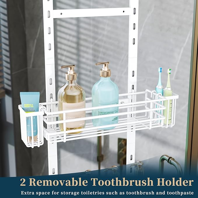 Consumest Over The Door Shower Caddy - 5 Tier Adjustable Shower Organizer Hanging with 2 Toothbrush Holders & 4 Hooks, Rustproof Oragnizer Shelf, Storage Rack for Bathroom, White