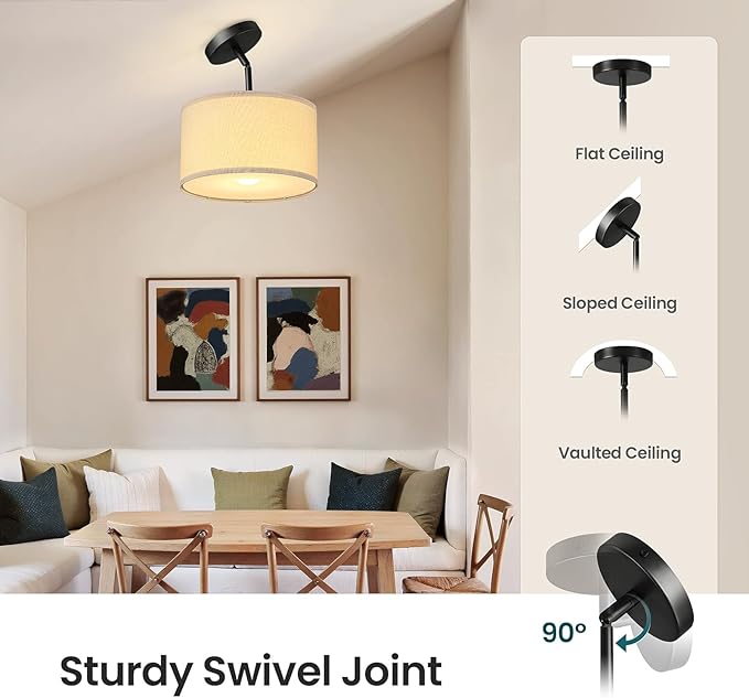 Semi Flush Mount Ceiling Light Fixture, 12'' Drum Chandelier with Classic Fabric Linen Shade, Modern Close to Ceiling Light for Bedroom, Hallway, Dining Room and Kitchen