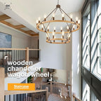 Farmhouse Wagon Wheel Chandelier 43" Wooden Rustic Chandelier 24-Light 2 Tier Extra Large Pendant Light Fixture Round Chandeliers for High Ceiling Foyer Living Room Porch