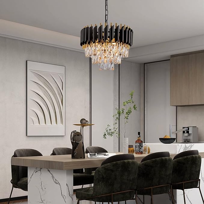 3-Tier Black Gold Crystal Chandelier 5-Light 15’’ Modern Crystal Pendant Chandelier Ceiling Light Fixture Hanging Lighting for Kitchen Island Dining Room Foyer Entryway Bedroom