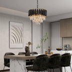 3-Tier Black Gold Crystal Chandelier 5-Light 15’’ Modern Crystal Pendant Chandelier Ceiling Light Fixture Hanging Lighting for Kitchen Island Dining Room Foyer Entryway Bedroom