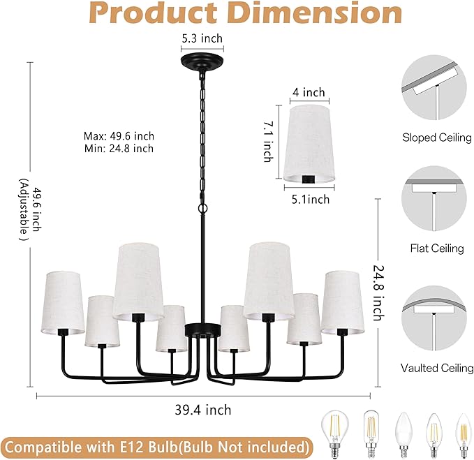 8-Lights 39" Black Boho Rattan Chandelier Rustic Industrial Pendant Light Large Adjustable Pendant Lighting Fixtures for Kitchen Island Dining Room Living Room