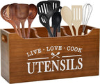 Kitchen Utensil Holder with Drainage Bottom, Large 3 Compartments Solid Real Wood Utensil Organizer for Kitchen Counter, Farmhouse Cooking Tools Storage for Countertop, Brown