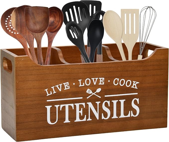 Kitchen Utensil Holder with Drainage Bottom, Large 3 Compartments Solid Real Wood Utensil Organizer for Kitchen Counter, Farmhouse Cooking Tools Storage for Countertop, Brown