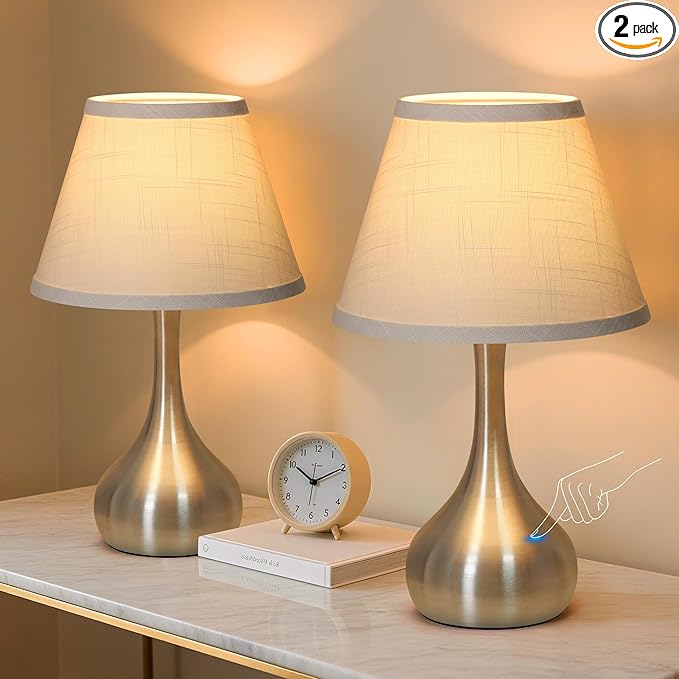 Touch Table Lamp for Bedroom Set of 2, 3-Way Dimmable Bedside Lamp for Nightstand, 17” Modern Metal Desk Lamp with Linen Shade for Living Room, Kids Reading, Dorm, Home Office Decor, Bulb Included