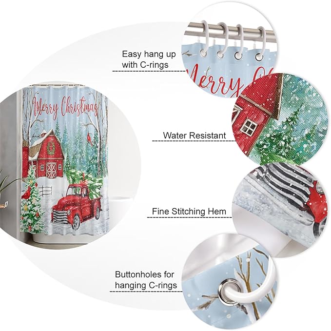 Vandarllin Red Truck Christmas Shower Curtain, Merry Christmas Farmhouse Shower Curtains Set with Hooks, Winter Xmas Tree Waterproof Fabric Bathroom Curtains Decor Home Accessories,72 X 72 Inch Long