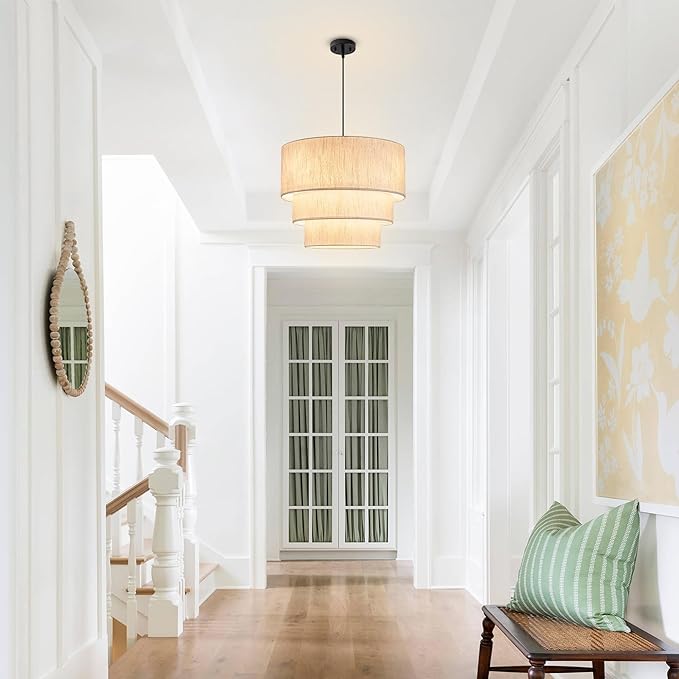 19.7" Linen Drum Pendant Light, Drum Light Chandelier Pendant Lights Kitchen Island Lighting, 3 Tier Large Farmhouse Pendant Hanging Light Dining Room Pendant Chandelier for Foyer Hallway