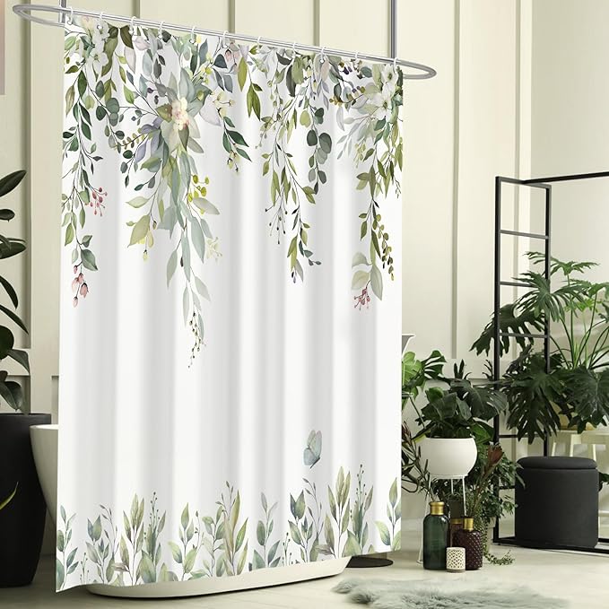 Eucalyptus Shower Curtain, Green Watercolor Leaves with Floral Botanical Bathroom Decor, Waterproof Fabric Bath Curtain Set with Hooks, 72x78 Inches