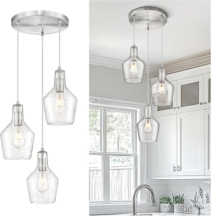 Emliviar Modern Kitchen Chandelier Brushed Nickel, 3-Light Hanging Pendant Lighting with Seeded Glass, Cluster Pendant Light Fixture for Entryway and Bedroom, DYE286G2-3 BN