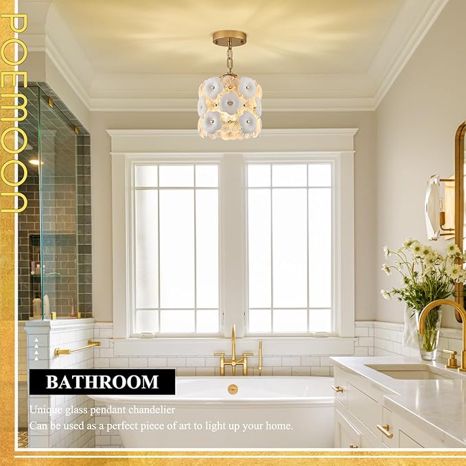 Gold Glass Pendant Light with White Ceramic Flowers, 1-Pack Luxury Small Ceiling Pendant Light Fixture 1-Light for Kitchen Island Sink Dining Room Entryway Hallway, E26
