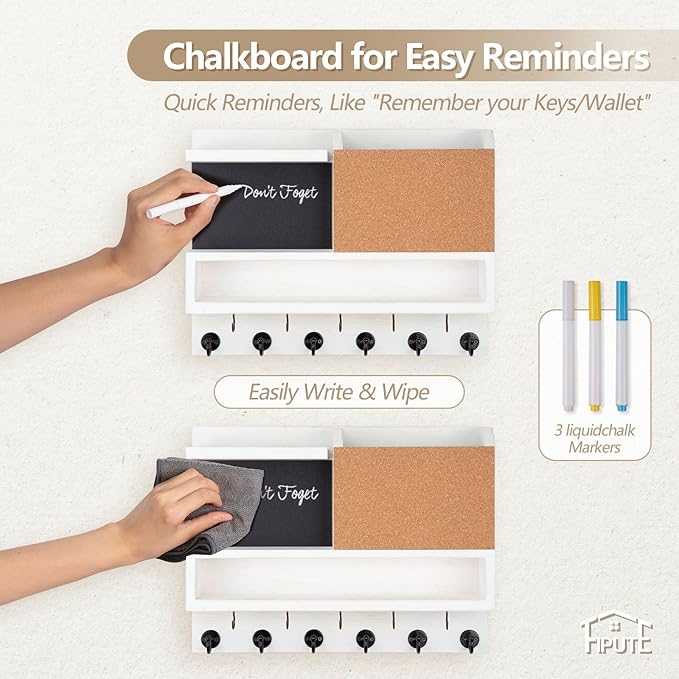 Key Holder for Wall Mount with Mail Organizer, Farmhouse Key Holder for Wall with Shelf, Chalkboard&Corkboard, Entryway Organizer 11 Metal Hooks, Decorative Natural Pine Wood, 14.6*11.1*3.3”, B-White