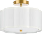 VONLUCE Semi Flush Mount Ceiling Light, 13" Ceiling Light Fixture with Flower-Shaped Fabric Shade, 3-Light Modern Light Fixture for Bedroom Living Room Nursery Hallway, White Shade & Gold Finish
