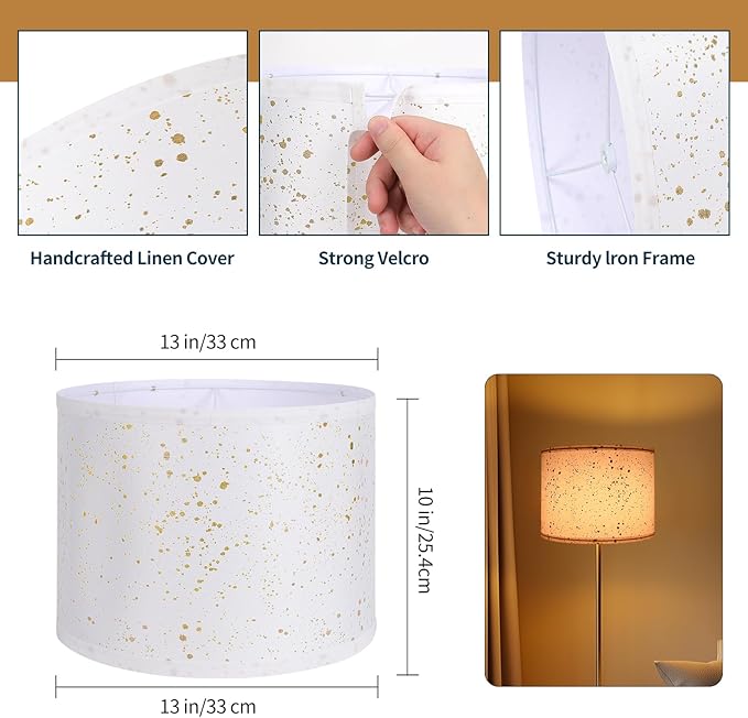 White Lamp Shades Set of 2, Drum Lampshades 13" Top x 13" Bottom x 10" High (Spider), Modern Linen Lamp Shades for Table Floor Lamp, Lampshades Replacement with 8in Lamp Harps
