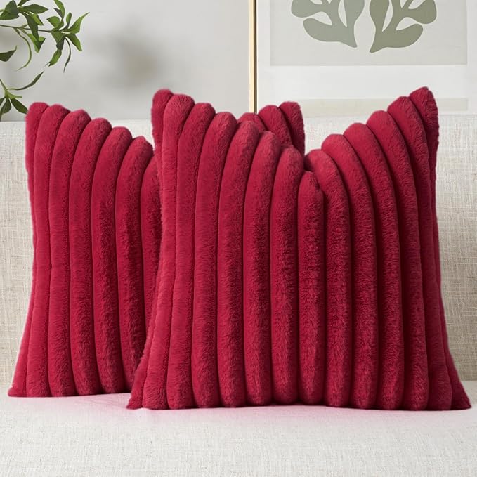 MIULEE Faux Fur Christmas Decorative Throw Pillow Covers 18x18 Inch Set of 2, Modern Spring Home Decor Soft Plush Couch Pillows Cozy Fluffy Cushion Covers for Sofa Bed Burgundy