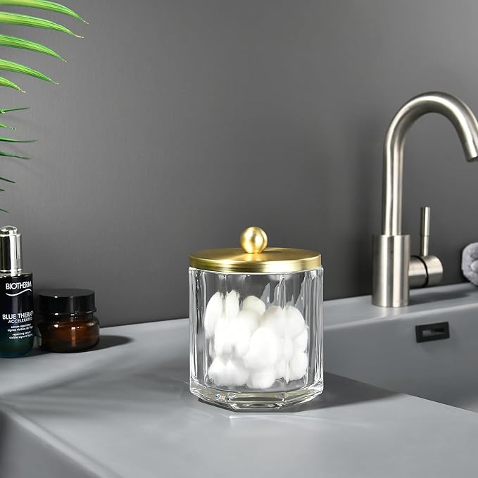 Home Glass Cotton Jar Holder Matte Gold Lid, Elegant Bathroom Storage Canister for Qtips, Cotton Balls, Floss, Makeup Organizer, Vanity Bathroom Organization