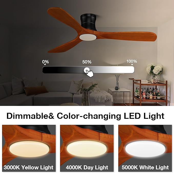Smart 52” Wood Flush Mount Ceiling Fans with Lights Remote,Quiet DC Motor,Outdoor Indoor Low Profile Ceiling Fan,Voice Contorl with WIFI Alexa App Control,Modern fan for Bedroom Patio