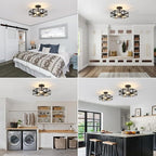 Black Semi Flush Mount Ceiling Light, Farmhouse Hallway Light Fixtures Ceiling Mount, 3 Light Industrial Close to Ceiling Lights with Metal Hexagon Cage for Kitchen, Hallway, Entryway, Bedroom