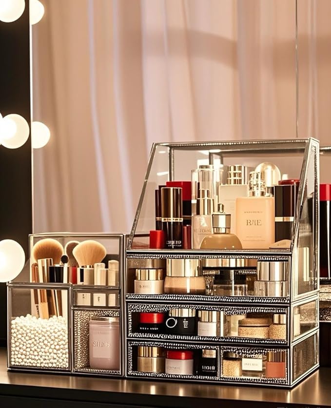 Stackable 3Pieces Drawer Set Glass Makeup Organizer Antique Countertop Vanity Cosmetic Storage Box Mirror Glass Beauty Display, Holder for Brushes Lipsticks Skincare Toner with free Pearl (Brass)