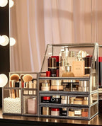 Stackable 3Pieces Drawer Set Glass Makeup Organizer Antique Countertop Vanity Cosmetic Storage Box Mirror Glass Beauty Display, Holder for Brushes Lipsticks Skincare Toner with free Pearl (Brass)