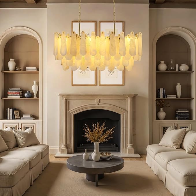 Alabaster Rectangle Chandelier, 40'' 76 PCS Natural Spanish Marble Linear Chandelier for High Ceiling, 4-Tiers Modern Luxury Large Brass Chandeliers for Dining Room, Kitchen Island (Bulbs Included)