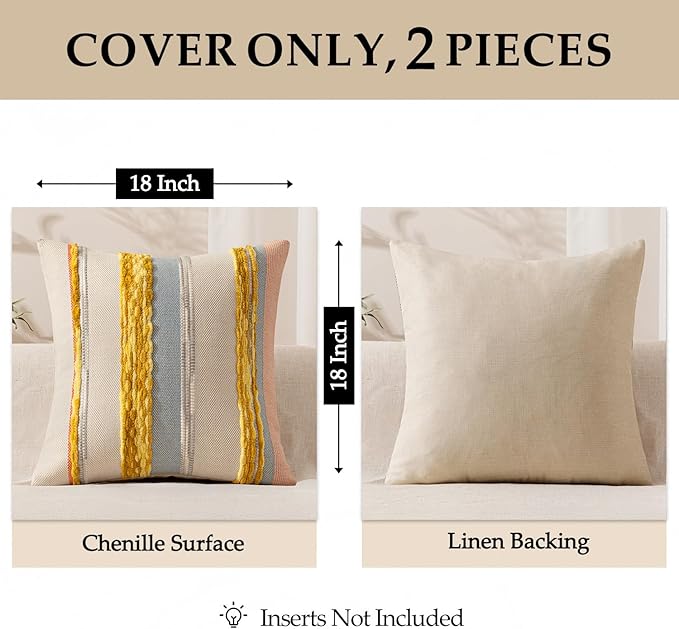 ANRODUO Pack of 2 Boho Decorative Throw Pillow Covers 18x18 Farmhouse Cushion Case Striped Chenille Pillow Cases Square Pillow Covers Accent Neutral Pillowcase for Sofa Couch Bed Fall, Yellow Stripe