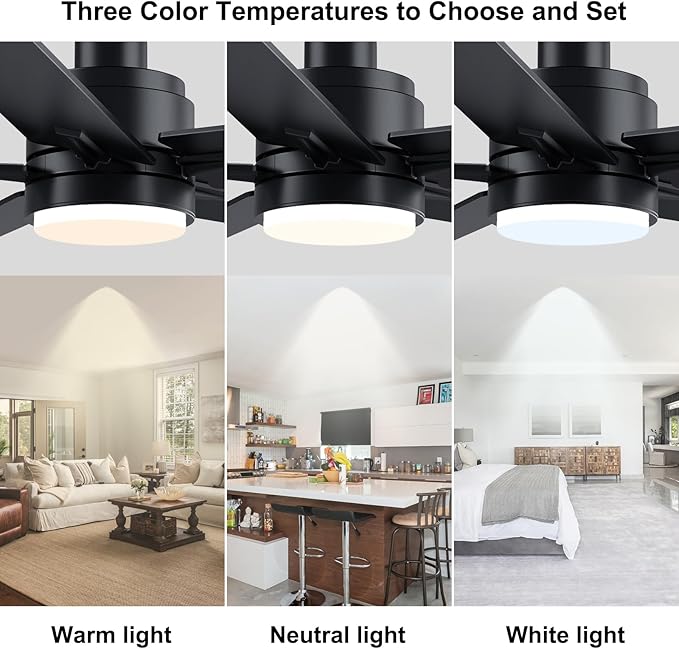 YUHAO 48 Inch Black Ceiling Fan with Light and Remote Control.Noiseless,Dimmable, 3CCT,6 Speeds Reversible, Modern DC Ceiling Fans for Indoor Use