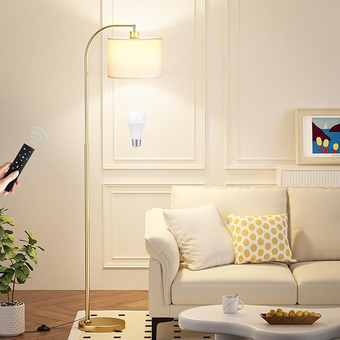 Arc Floor Lamp with Remote and Stepless Dimmable Bulb, Colors Temperature & Brightness Adjustable, Floor Lamps for Living Room（White Shade & Gold Pole）