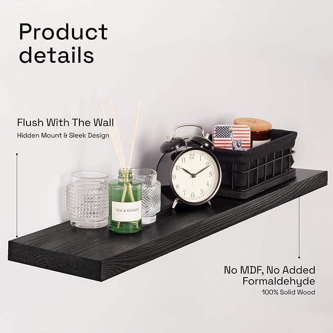 BAOBAB WORKSHOP Solid Wood Floating Shelves for Wall 30 Inches Long, Real Wooden Bathroom Shelf Large, Heavy Duty Wall Shelves Mounted Kitchen Bedroom Farmhouse, Black Shelf, 30W × 6.7D, Set of 2