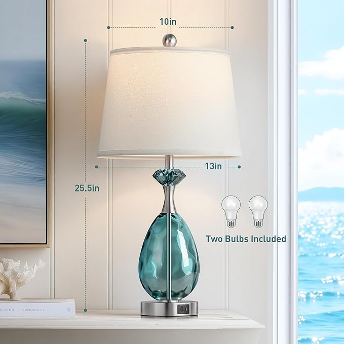 Coastal Glass Table Lamps Set of 2, 3-Way Dimmable Touch Control Nautical Lamp with USB A+C Ports,Bedside Lamp Beach Decor,Nightstand Lamp with White Shade for Living Room Bedroom(LED Bulbs Included)