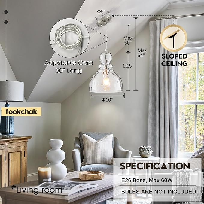 Brushed Nickel Pendant Light for Kitchen Island Hammered Glass Pendant Island Light 10inch Modern Glass Pendant Lights for Kitchen Sink Dining Room Hallway Entrance