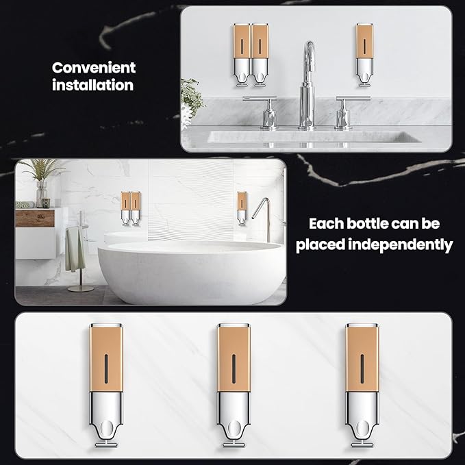 2-in-1 Quadrate Dispensers for The Shower,Shower soap Dispenser,Conditioner Dispenser, Shampoo Dispenser,No Drilled Wall Mounted Distributor,Hotel,Bathroom,Home (Double, Golden)