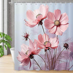 Floral Shower Curtain, Pink Flower Shower Curtains for Bathroom, Rustic Plant Chic Bathroom Decor Washable Durable Fabric Set with Hooks 72x72 Inch