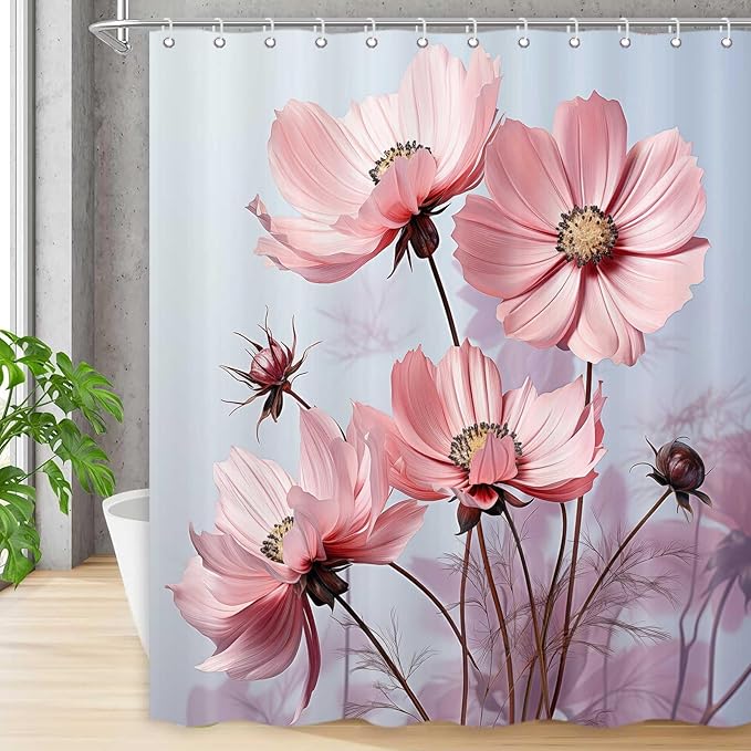 Floral Shower Curtain, Pink Flower Shower Curtains for Bathroom, Rustic Plant Chic Bathroom Decor Washable Durable Fabric Set with Hooks 72x72 Inch