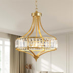 XINGQI Gold Chandeliers Modern Crystal Dining Room Light Fixture Pendant 4-Light, Rustic Chandeliers with Round Metal Lampshade for Living Room Hallway Bedroom Foyer
