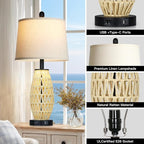 UXEFLOW 27" Beige Rattan Lamps with Night Light, Coastal Bedside Table Lamps Set of 2, Woven Wicker Bedroom Nightstand Lamp with USB A+C Charging Port & AC Outlet, Tall Farmhouse Lamp for Living Room
