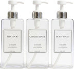 Modern Design 27 oz Shampoo and Conditioner Dispensers - Plastic Refillable Pump Bottle Set for Bathroom Shower Soap Dispenser, Gift Box Included, Set of 3 (Clear & Silver)