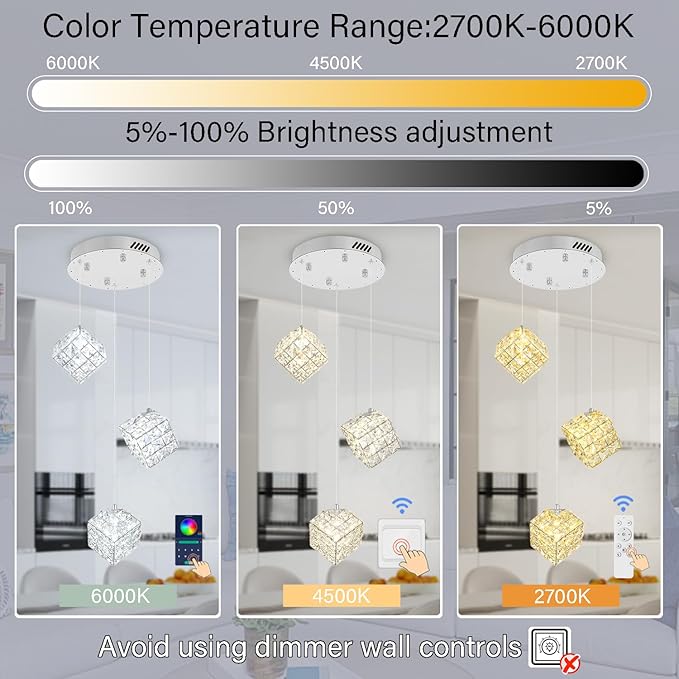 3-Lights Pendants Lightfor Kitchen lsland Chandeliers Dining Room,Square Entryway Light Fixture Hanging Adjustable Height Silver Crystal Chandeliers for Bedroom Hallway Foyer
