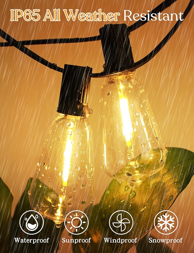 GHUSTAR 50FT LED Outdoor String Llights (NOT Solar) – Patio Lights Outdoor Waterproof for Outside – 2700K Vintage Edison Bulb String Light – Shatterproof Hanging Light for Cafe Porch Deck