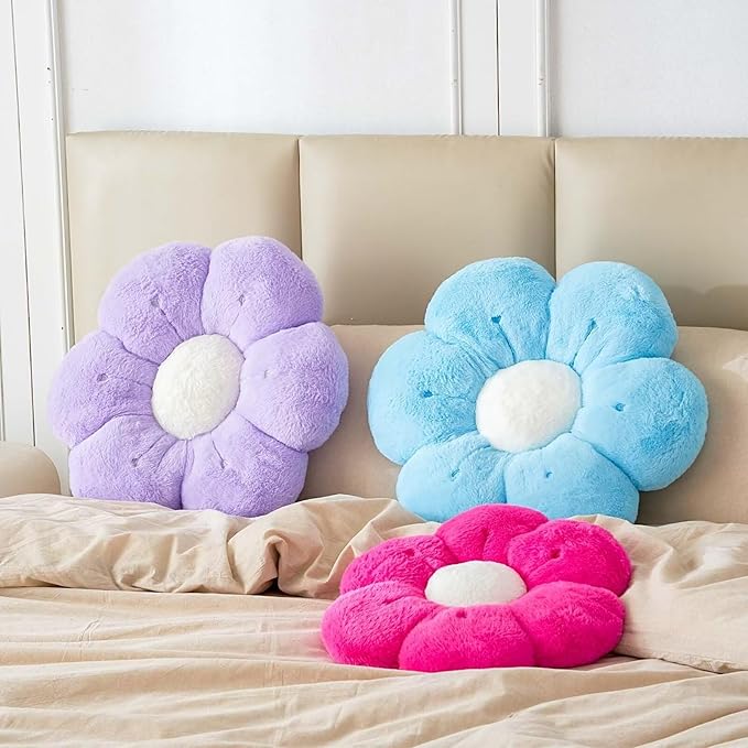 Flower Pillow, Cute Flower Shaped Decorative Pillow, Soft Rabbit Fur Daisy Pillow Home Decor Floor Seating Cushion for Bedroom Living Room (Hot Pink 14.9 Inch)