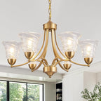 Farmhouse 6 Light Gold Chandeliers for Dining Room Light Over Table, Entryway Pendant Light for Foyer, Vintage Chandelier Ceiling Lights with Glass Shade for Kitchen Island Hallway, Adjustable Height