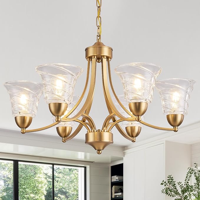 Farmhouse 6 Light Gold Chandeliers for Dining Room Light Over Table, Entryway Pendant Light for Foyer, Vintage Chandelier Ceiling Lights with Glass Shade for Kitchen Island Hallway, Adjustable Height