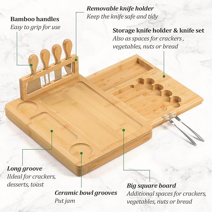 Bamboo Cheese Board Set - Charcuterie Boards and Serving Meat Platter, Cheese Tray with 4 Stainless Steel, 1 Drawers, Cheese Knives Cutting Board Platter, Ideal for Halloween, Wedding