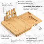 Bamboo Cheese Board Set - Charcuterie Boards and Serving Meat Platter, Cheese Tray with 4 Stainless Steel, 1 Drawers, Cheese Knives Cutting Board Platter, Ideal for Halloween, Wedding