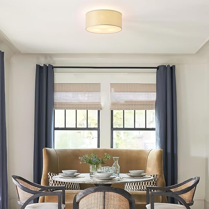 3-Light Semi Flush Mount Ceiling Light Fixture,Round Ceiling Light Fixture for Bedroom,12.6" Modern Close to Ceiling Light with Linen Fabric Drum Shade,Ceiling Lamps for Hallway Living Room