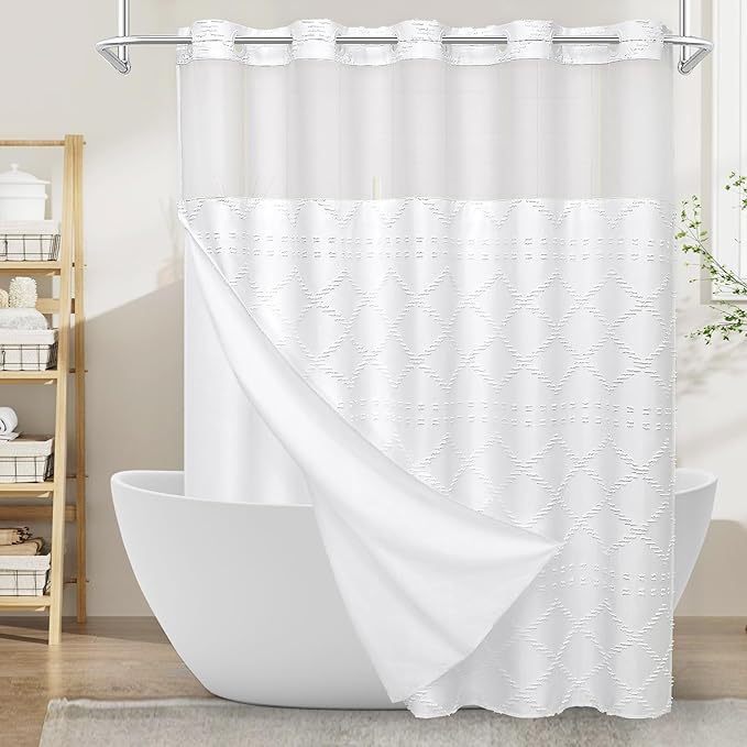 Boho White Woven Fabric Shower Curtain 72 x 80 Modern Farmhouse, No Hooks Tufted Chevron Striped Shabby Chic Textured, Minimalist Cloth Curtain for Bathroom, Hotel Decor