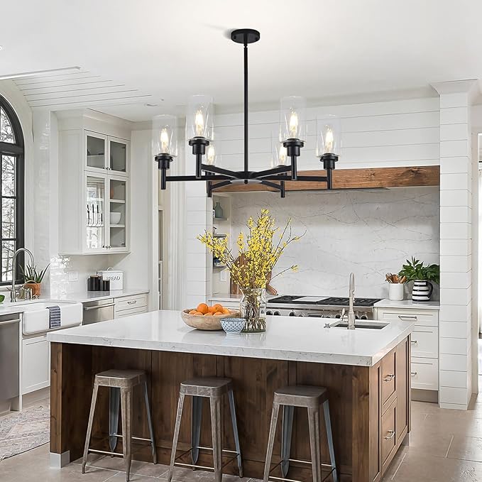 6 Light Farmhouse Chandelier Black Dining Room Light Fixture Over Table Industrial Hanging Pendant Lighting for Living Room Foyer Kitchen Island Adjustable Height E26 Socket with Glass Shade