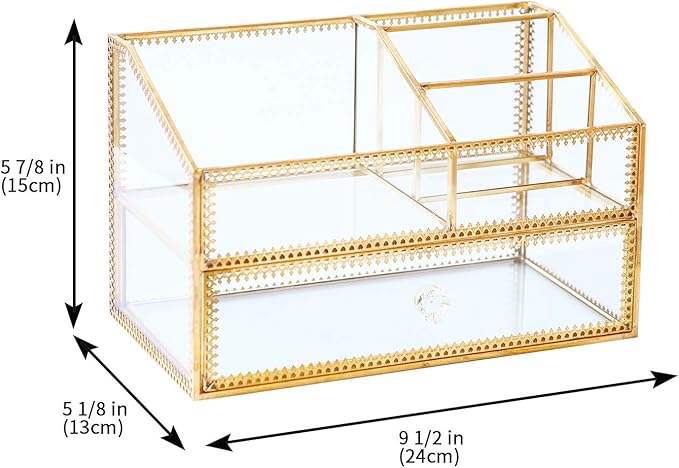 Golden Glass Box Vanity Tray Glass Case Makeup Display Organizer on Dresser, Multifunctional Cosmetic Storage for Palette Lipstick Makeup Brushes Skincare Perfumes Bathroom Accessories